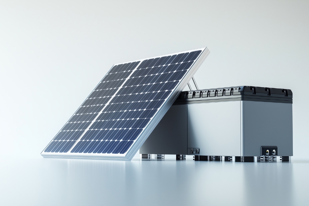 A solar panel leaning against a sleek, modern portable power station against a clean white background.